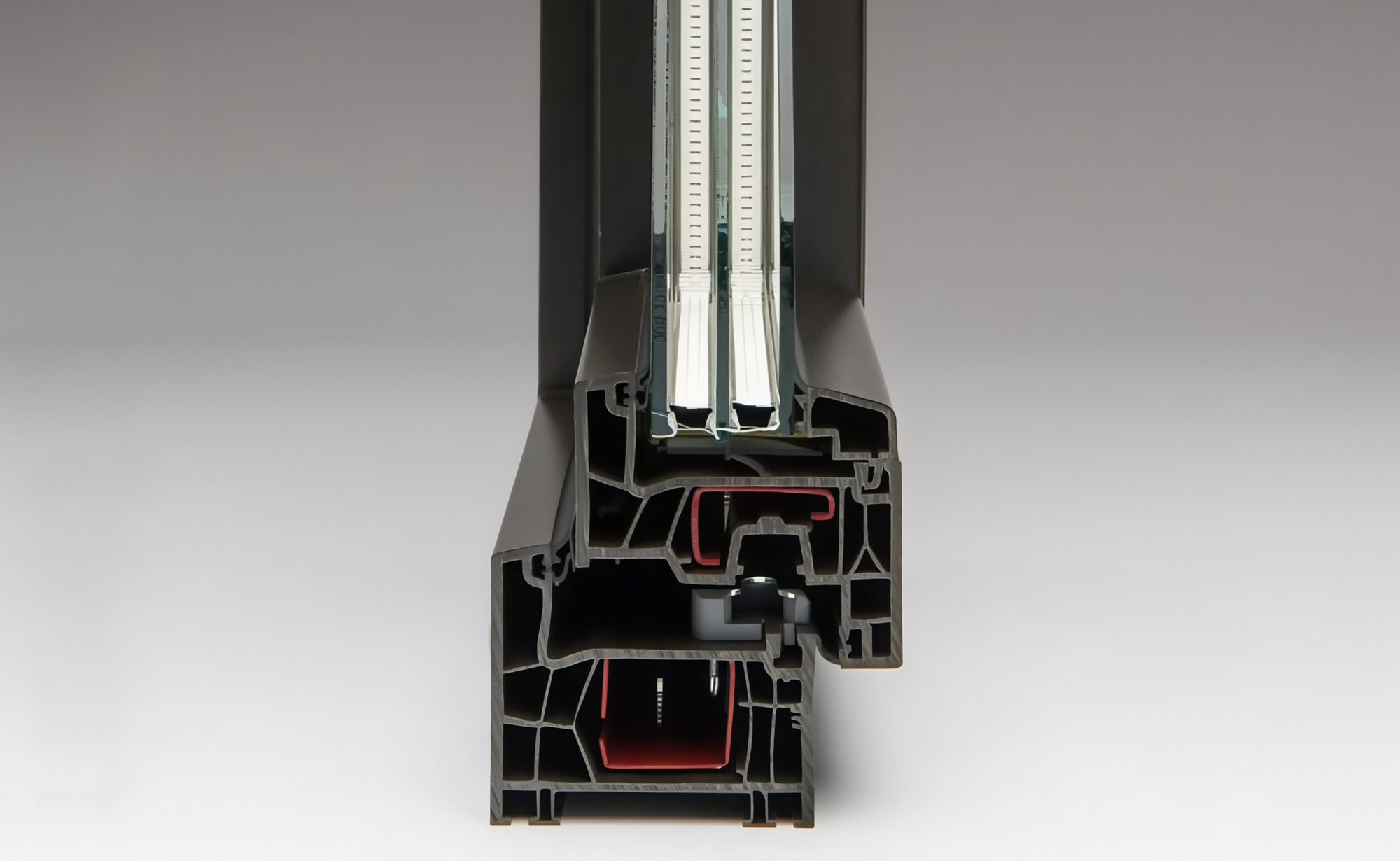 Defender 76TS window system cross-section showing steel reinforcement and 6-chamber profile design
