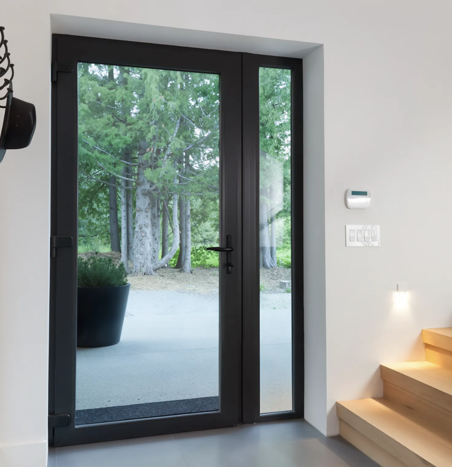 Full-glass black entry door opening to a wooded patio