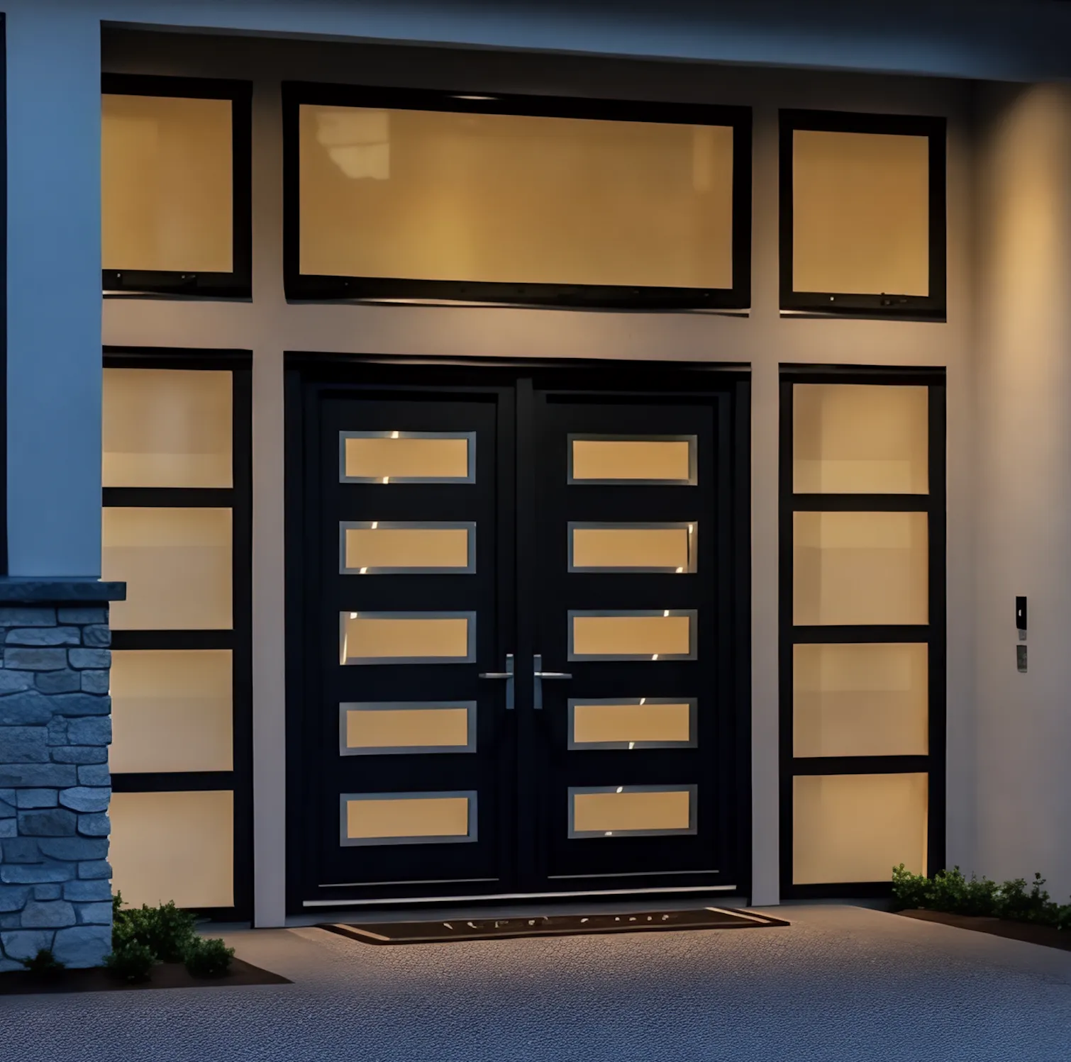 Modern black double entry doors with horizontal glass panels