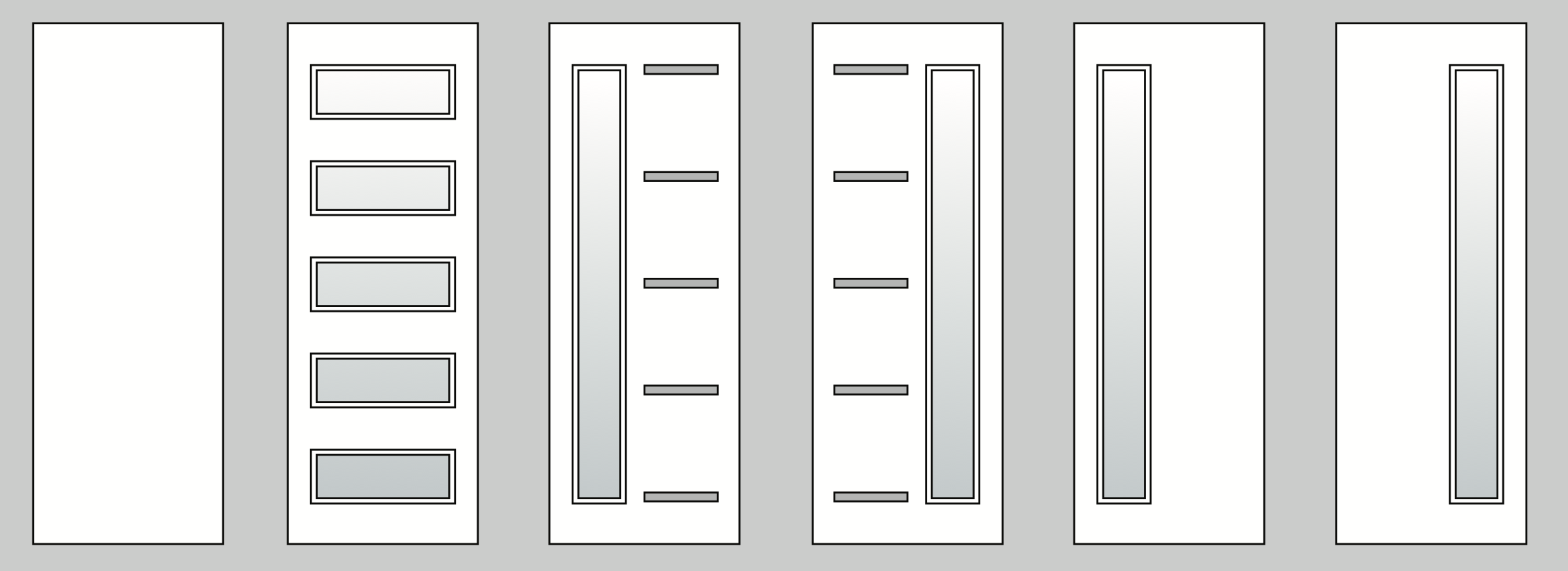 Six full-height door leaves showing solid, horizontal-light and vertical-light panel styles
