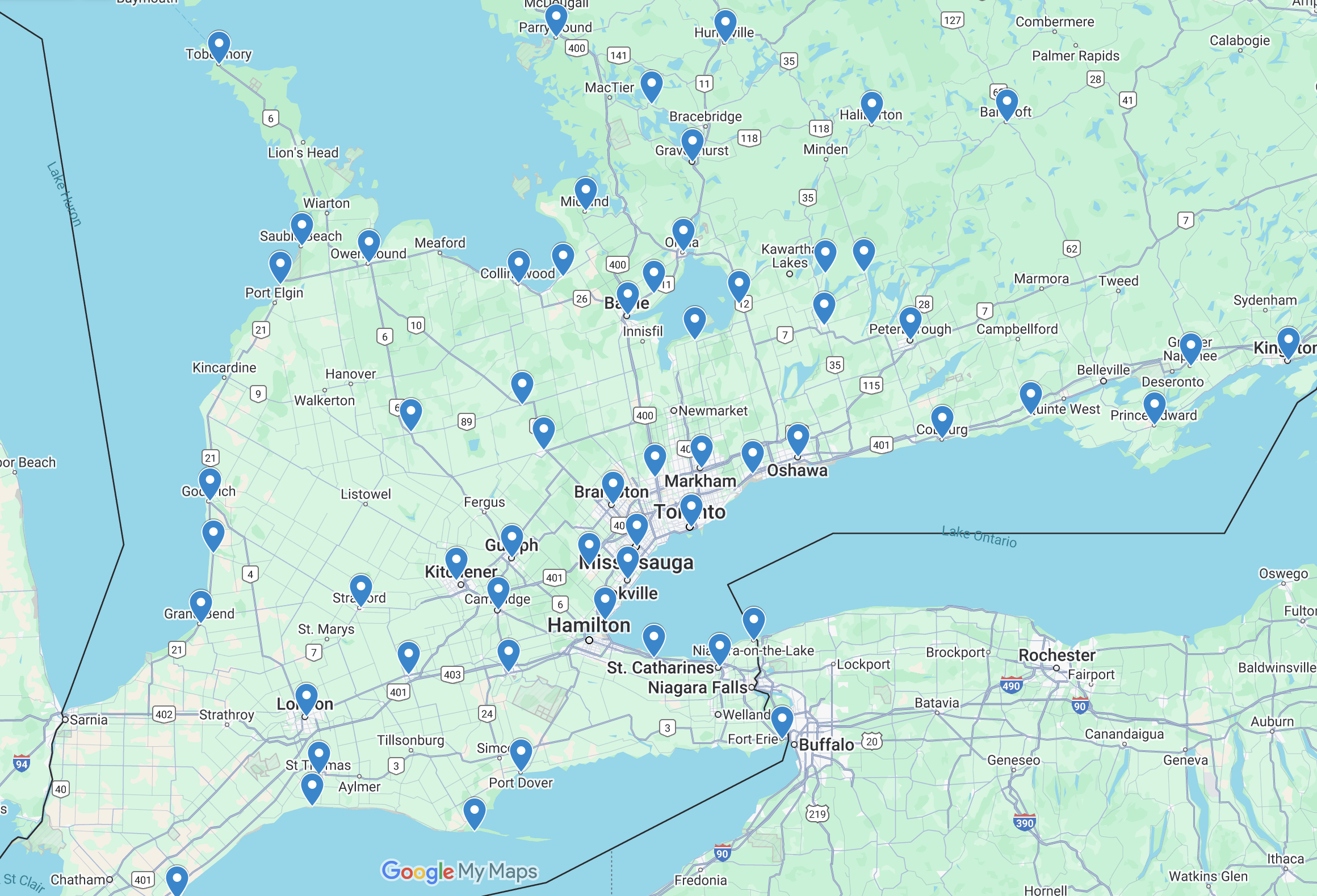 Haven Haus Windows service areas across Ontario including Toronto, Mississauga, Oakville, Burlington, Hamilton, Guelph, Kitchener, Waterloo, Cambridge, London, and surrounding regions